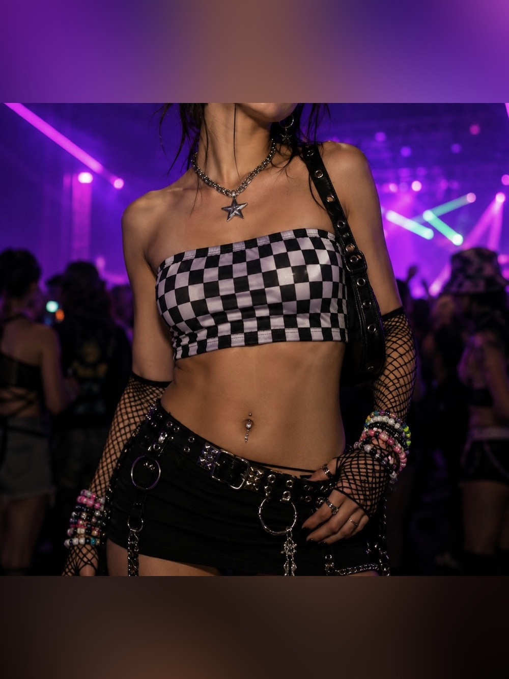 Large Women’s Checkerboard Bandeau Crop Top - Black & White